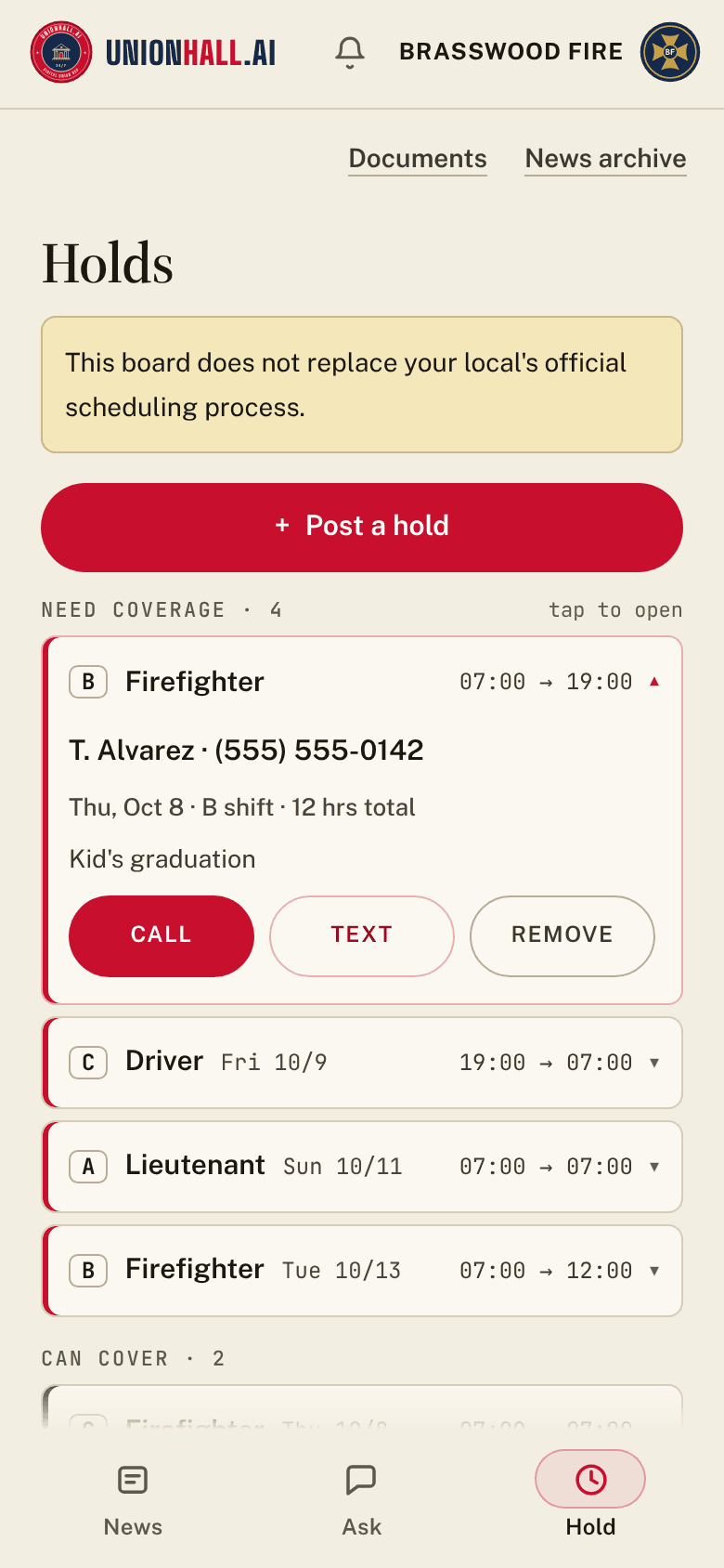 The holds board with one hold opened: a B-shift firefighter hold on Thursday with the member's name, phone number, note and Call and Text buttons, above three more holds that need coverage.