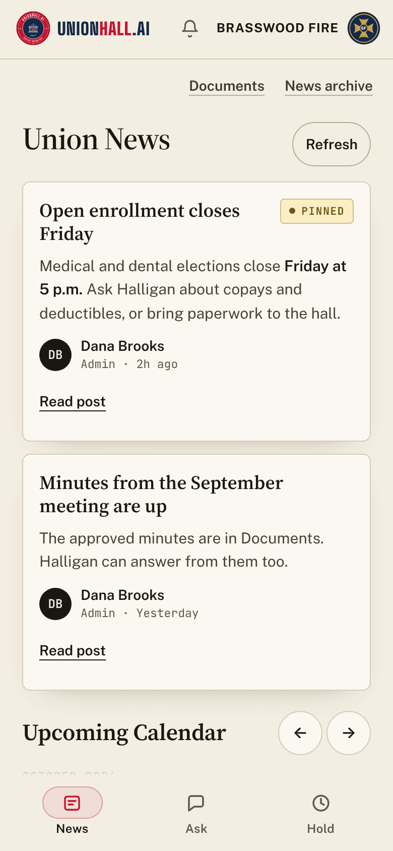 Union News with a pinned post that open enrollment closes Friday, and a post that the September minutes are up.