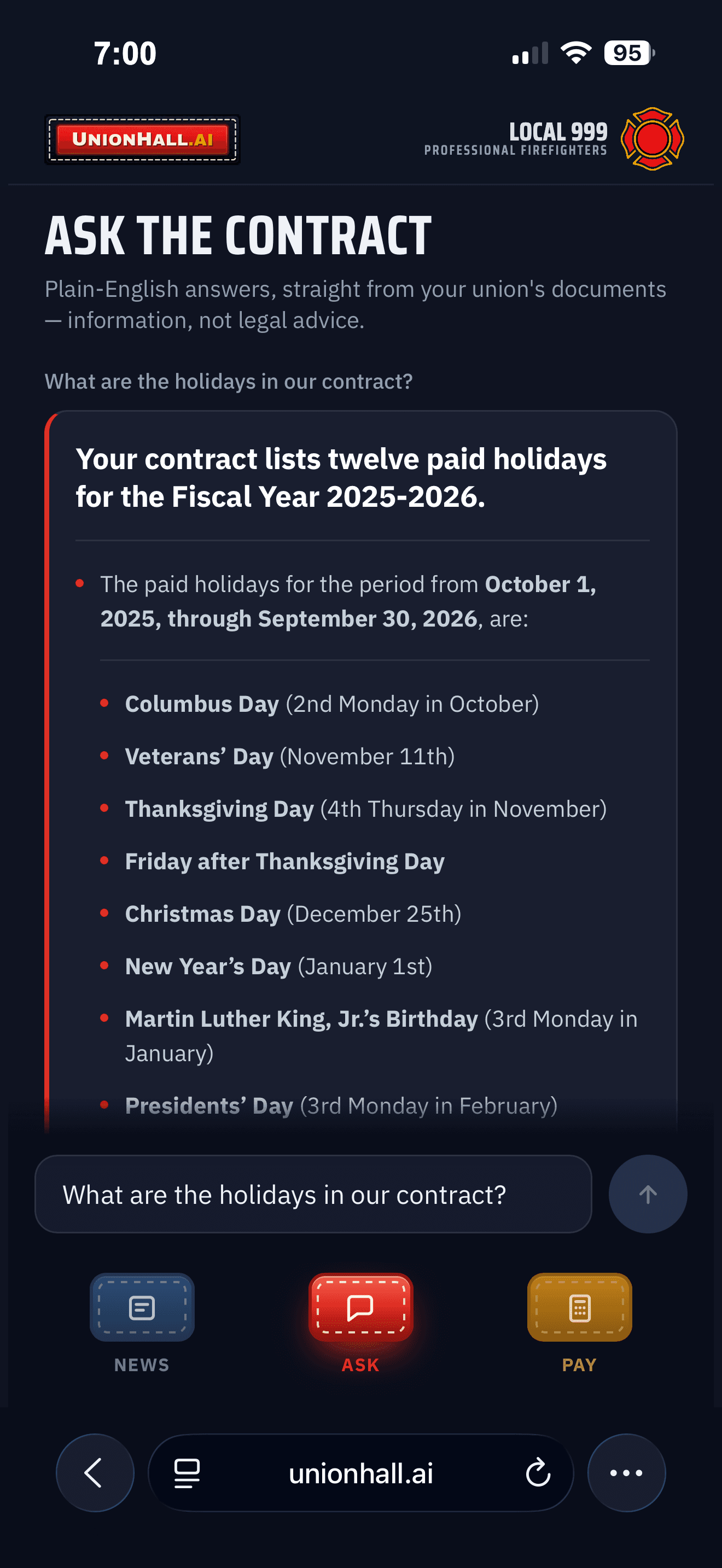 UnionHall.AI Ask screen answering a contract question about holidays