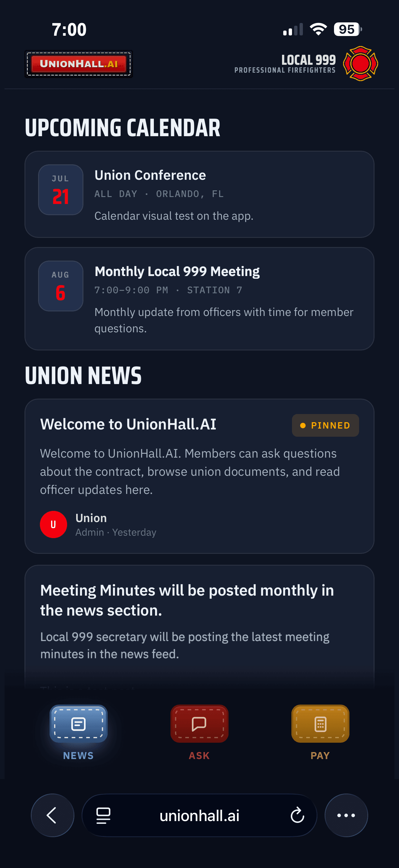 UnionHall.AI news screen showing an upcoming calendar and union news