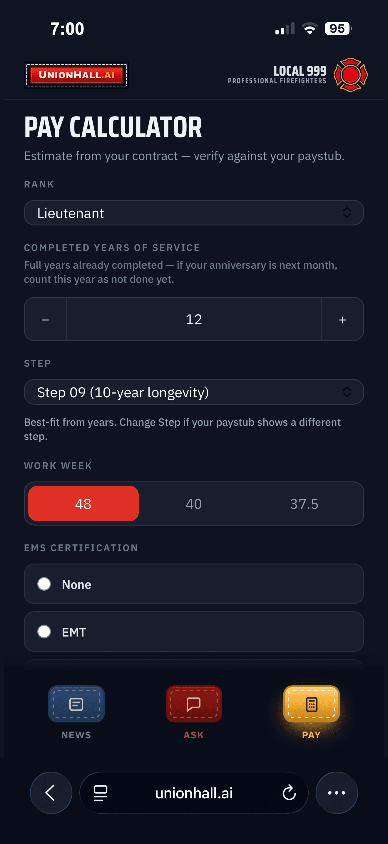 UnionHall.AI pay calculator screen with rank, step and work week